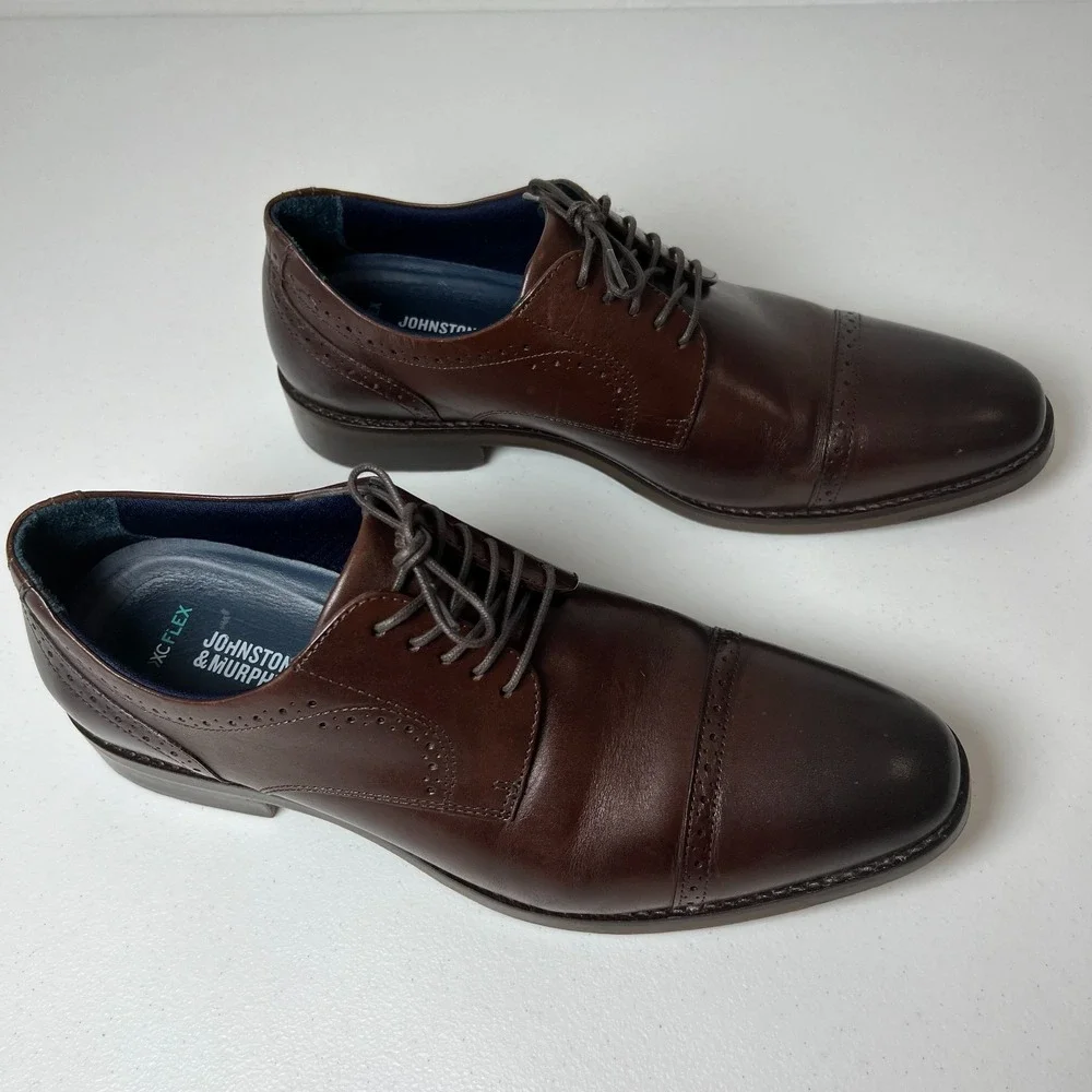 Johnston & Murphy XC flex dress shoes men 10 brown cap toe sheepskin memory foam